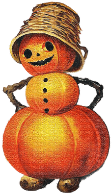 stack of pumpkins with a straw bucket for a hat similar to a snowman